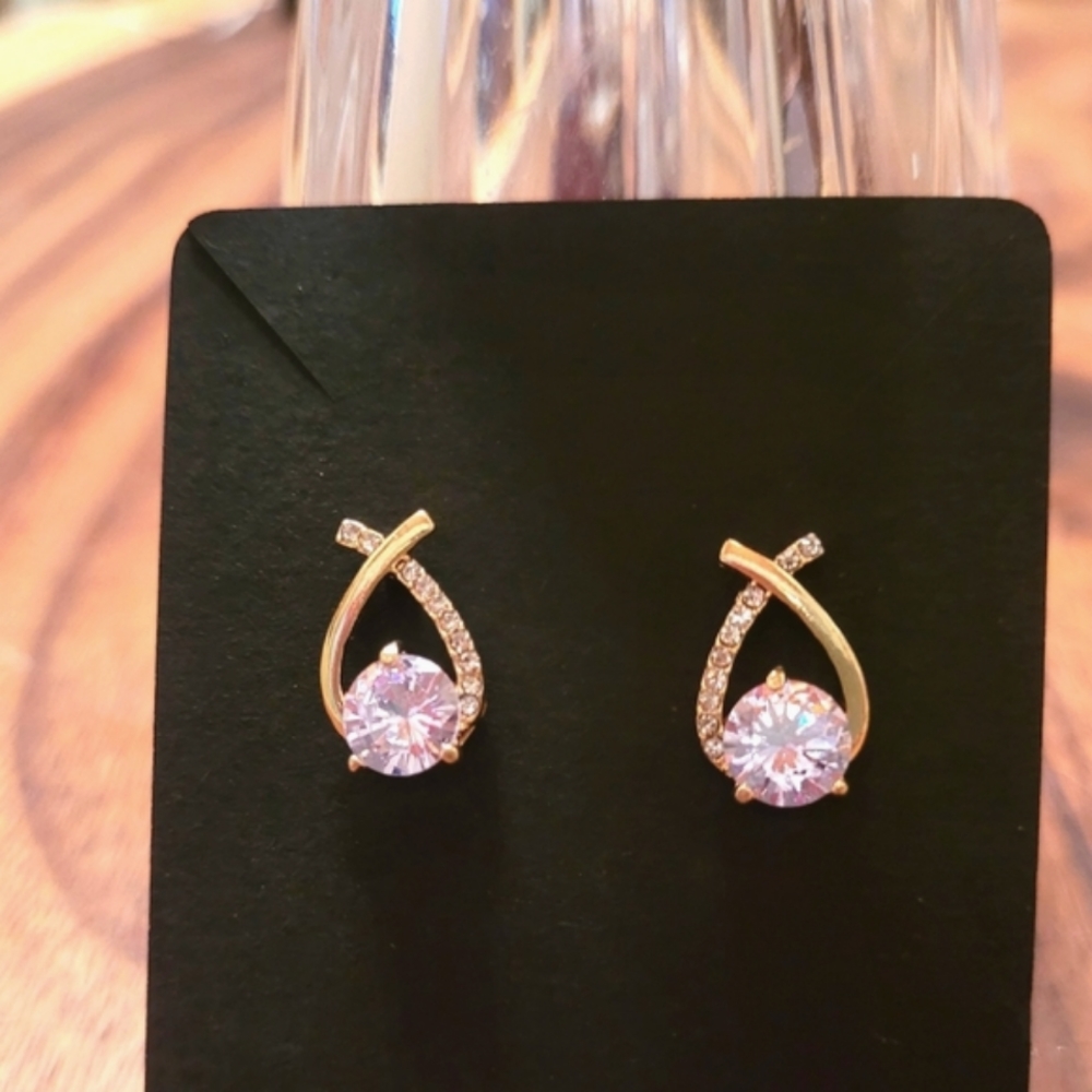 Set of gold color stainless steel Korean style earrings w/ large cubic zirconia